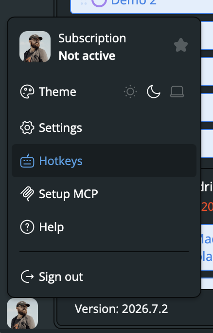 Main menu with theme controls and MCP setup