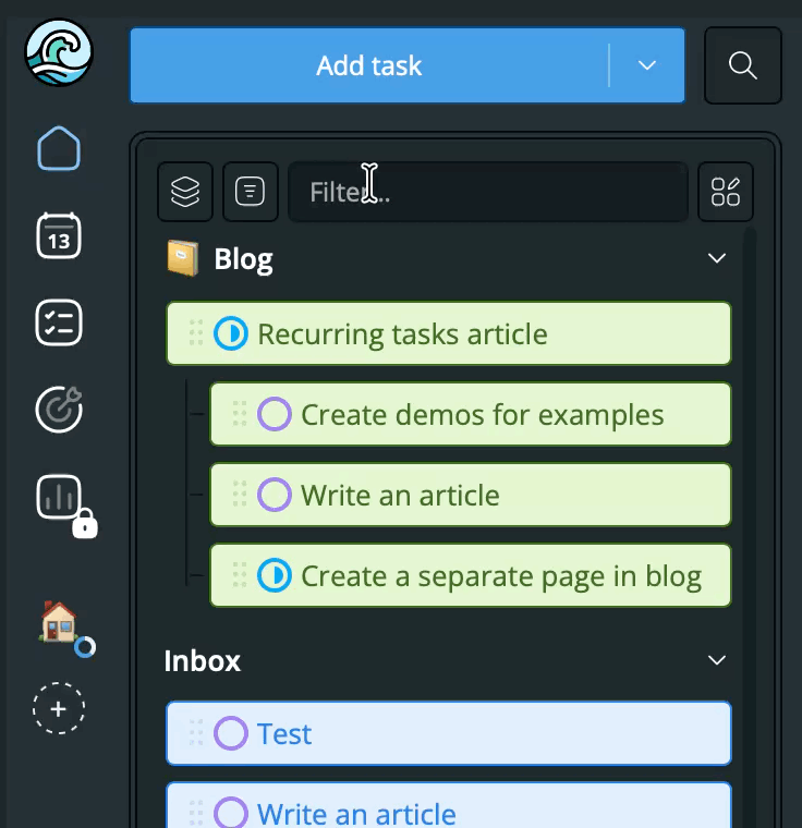 Sidebar filter for tasks and projects