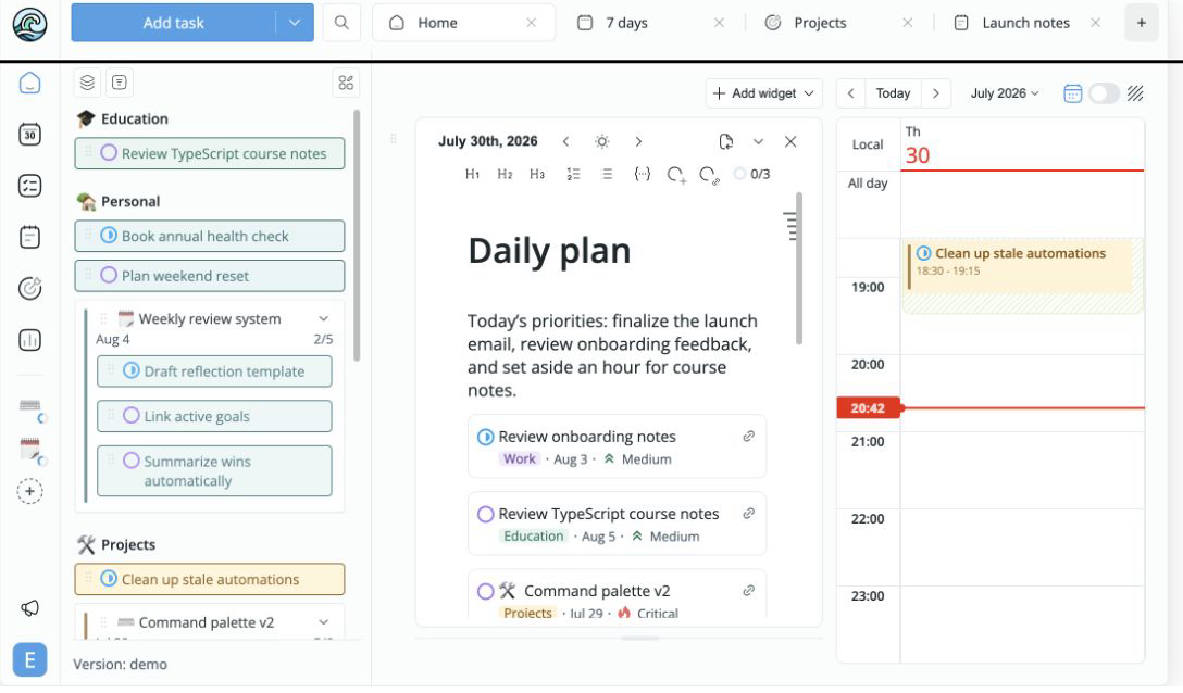 Kona home page with tasks, recurring notes, and a calendar